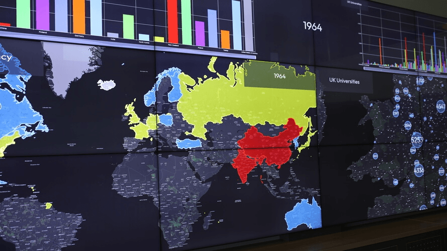 multiple maps on a video wall integrated with sycnhronized data